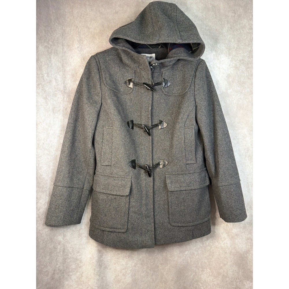 St Johns Bay Grey Wool Cashmere Blend Hooded Toggle Closure Coat Women MedPetite